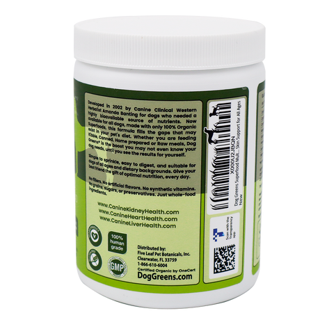 White plastic jar of Dog Greens- Organic and Wild Harvested Vitamin and Mineral Supplement for Dogs, featuring a green label with descriptions, ingredients, and a plant-based vitamin and mineral blend.