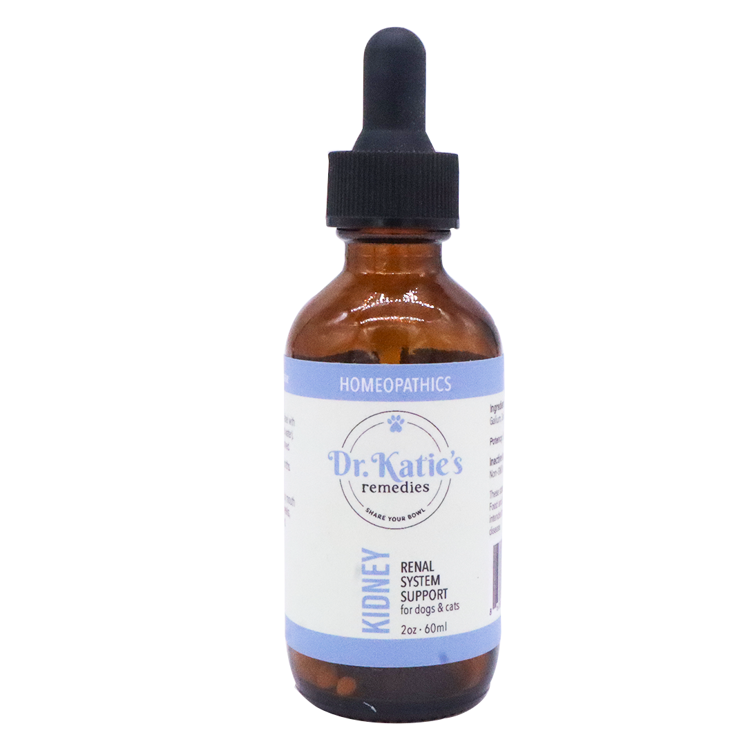 A 2-ounce amber glass bottle of Dr. Katie’s Remedies | Kidney - Renal System Support with a black dropper cap.