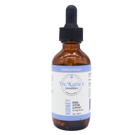 A 2-ounce amber glass bottle of Dr. Katie’s Remedies | Kidney - Renal System Support with a black dropper cap.