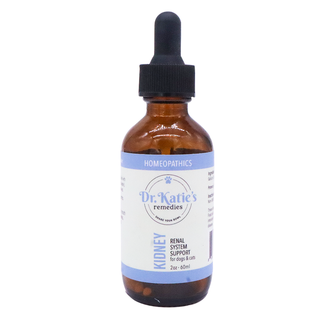 A 2-ounce amber glass bottle of Dr. Katie’s Remedies | Kidney - Renal System Support with a black dropper cap.
