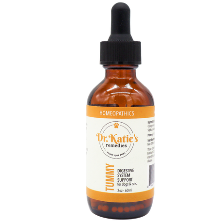 Amber glass dropper bottle of Dr. Katie’s Remedies | Tummy - Digestive System Support, a homeopathic remedy for dogs and cats.