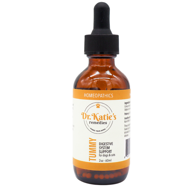 Amber glass dropper bottle of Dr. Katie’s Remedies | Tummy - Digestive System Support, a homeopathic remedy for dogs and cats.