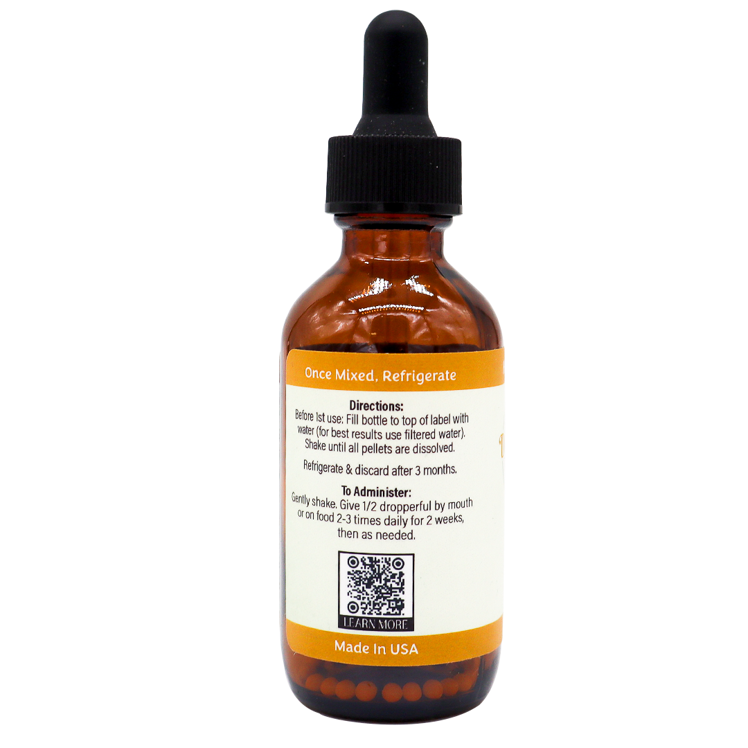 Amber glass dropper bottle of Dr. Katie’s Remedies | Tummy - Digestive System Support, featuring a label with instructions for mixing, refrigeration, administration, and a QR code for more information.