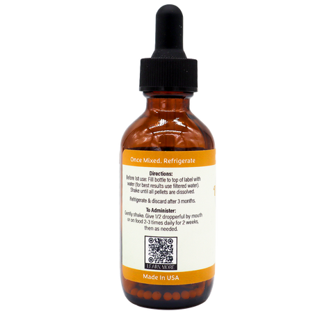 Amber glass dropper bottle of Dr. Katie’s Remedies | Tummy - Digestive System Support, featuring a label with instructions for mixing, refrigeration, administration, and a QR code for more information.
