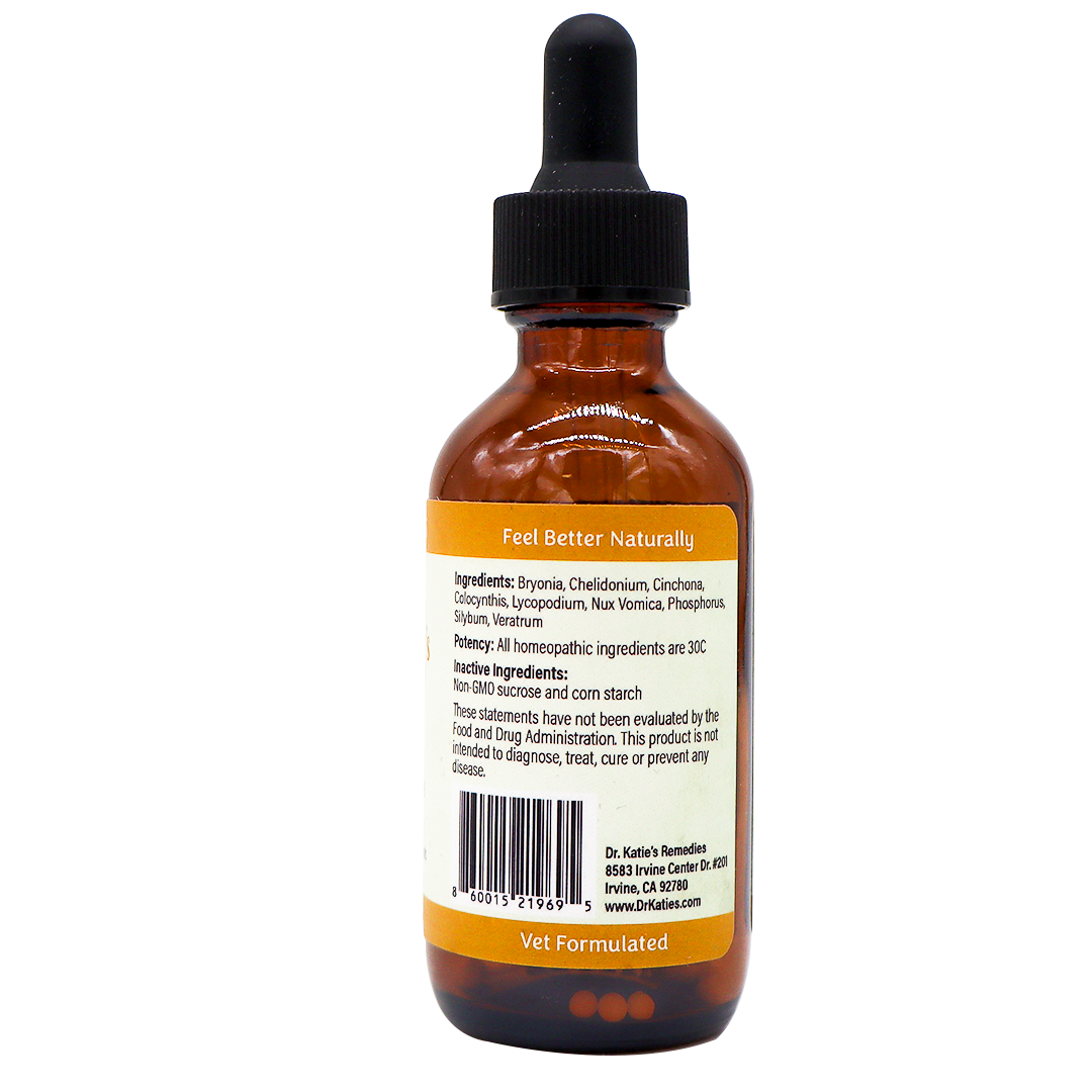 Amber dropper bottle of Dr. Katie’s Remedies | Tummy - Digestive System Support for dogs and cats, featuring a label with ingredients, potency, usage instructions, and a barcode.