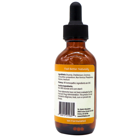 Amber dropper bottle of Dr. Katie’s Remedies | Tummy - Digestive System Support for dogs and cats, featuring a label with ingredients, potency, usage instructions, and a barcode.