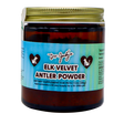 A brown jar labeled Dr. Judy's Elk Velvet Antler Powder - 30g, with a gold lid and a light blue label featuring heart icons with animal silhouettes, offers natural joint support and is rich in IGF-1 to help promote vitality in dogs and cats.