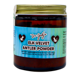 A brown jar labeled Dr. Judy's Elk Velvet Antler Powder - 30g, with a gold lid and a light blue label featuring heart icons with animal silhouettes, offers natural joint support and is rich in IGF-1 to help promote vitality in dogs and cats.