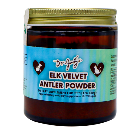 A brown jar labeled Dr. Judy's Elk Velvet Antler Powder - 30g, with a gold lid and a light blue label featuring heart icons with animal silhouettes, offers natural joint support and is rich in IGF-1 to help promote vitality in dogs and cats.