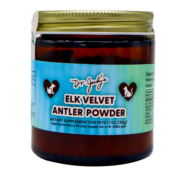 A brown jar labeled Dr. Judy's Elk Velvet Antler Powder - 30g, with a gold lid and a light blue label featuring heart icons with animal silhouettes, offers natural joint support and is rich in IGF-1 to help promote vitality in dogs and cats.