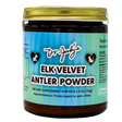 A jar labeled Dr. Judy's Elk Velvet Antler Powder for Equines & Large Dogs, a premium mobility and dietary supplement, is pictured against a blue background with a gold lid. The label highlights that it contains elk velvet antler powder to support joint health in pets, comes in a 3 oz (70g) size, and provides a 70-day supply for animals over 25 lbs.