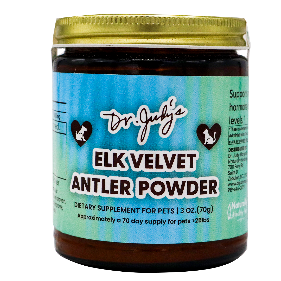 A jar labeled Dr. Judy's Elk Velvet Antler Powder for Equines & Large Dogs, a premium mobility and dietary supplement, is pictured against a blue background with a gold lid. The label highlights that it contains elk velvet antler powder to support joint health in pets, comes in a 3 oz (70g) size, and provides a 70-day supply for animals over 25 lbs.
