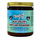 A jar labeled Dr. Judy's Elk Velvet Antler Powder for Equines & Large Dogs, a premium mobility and dietary supplement, is pictured against a blue background with a gold lid. The label highlights that it contains elk velvet antler powder to support joint health in pets, comes in a 3 oz (70g) size, and provides a 70-day supply for animals over 25 lbs.