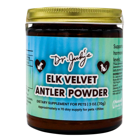 A jar labeled Dr. Judy's Elk Velvet Antler Powder for Equines & Large Dogs, a premium mobility and dietary supplement, is pictured against a blue background with a gold lid. The label highlights that it contains elk velvet antler powder to support joint health in pets, comes in a 3 oz (70g) size, and provides a 70-day supply for animals over 25 lbs.