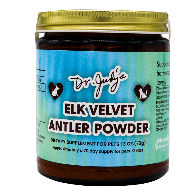 A jar labeled Dr. Judy's Elk Velvet Antler Powder for Equines & Large Dogs, a premium mobility and dietary supplement, is pictured against a blue background with a gold lid. The label highlights that it contains elk velvet antler powder to support joint health in pets, comes in a 3 oz (70g) size, and provides a 70-day supply for animals over 25 lbs.