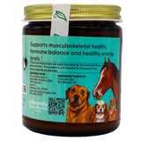 Dr. Judy's Elk Velvet Antler Powder for Equines & Large Dogs – 70g comes in a jar with a turquoise label featuring illustrations of a horse and four dogs. This dog mobility supplement contains elk velvet antler powder to promote musculoskeletal health, hormone balance, energy, and advanced joint support for dogs. Distributed by Dr. Judy Morgan’s Naturally Healthy Pets and manufactured by Cervid Labs.