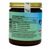 A 70g jar of Dr. Judy's Elk Velvet Antler Powder for Equines & Large Dogs features a green label displaying supplement facts, usage directions by pet weight, ingredients, and safety information. Designed as a joint support supplement to enhance dog mobility, the jar is topped with a gold lid and an attached seal adorned with leaf icons.