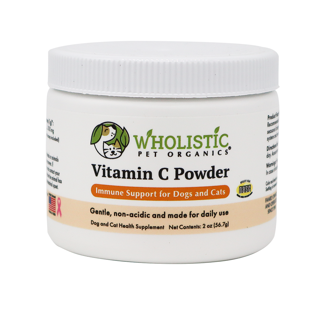 A white 2 oz (56.7 g) jar of Wholistic Organics | Immune Boost - Ester-C for dogs and cats, with green and orange labeling, offers daily immune support using Ester-C. Instructions for daily use are included on the jar.