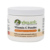 A white 2 oz (56.7 g) jar of Wholistic Organics | Immune Boost - Ester-C for dogs and cats, with green and orange labeling, offers daily immune support using Ester-C. Instructions for daily use are included on the jar.