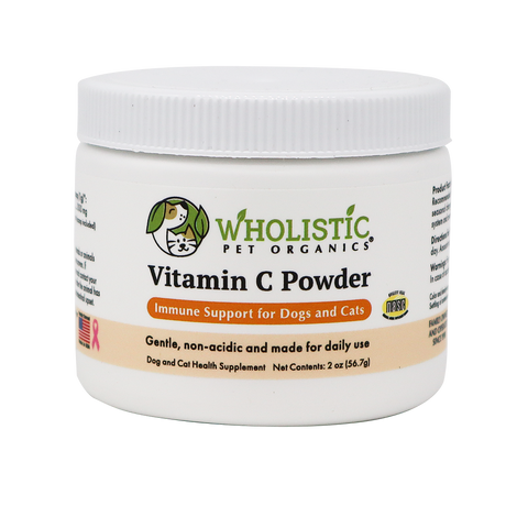 A white 2 oz (56.7 g) jar of Wholistic Organics | Immune Boost - Ester-C for dogs and cats, with green and orange labeling, offers daily immune support using Ester-C. Instructions for daily use are included on the jar.