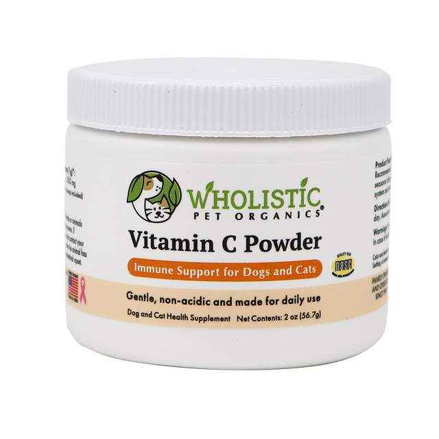 A white 2 oz (56.7 g) jar of Wholistic Organics | Immune Boost - Ester-C for dogs and cats, with green and orange labeling, offers daily immune support using Ester-C. Instructions for daily use are included on the jar.