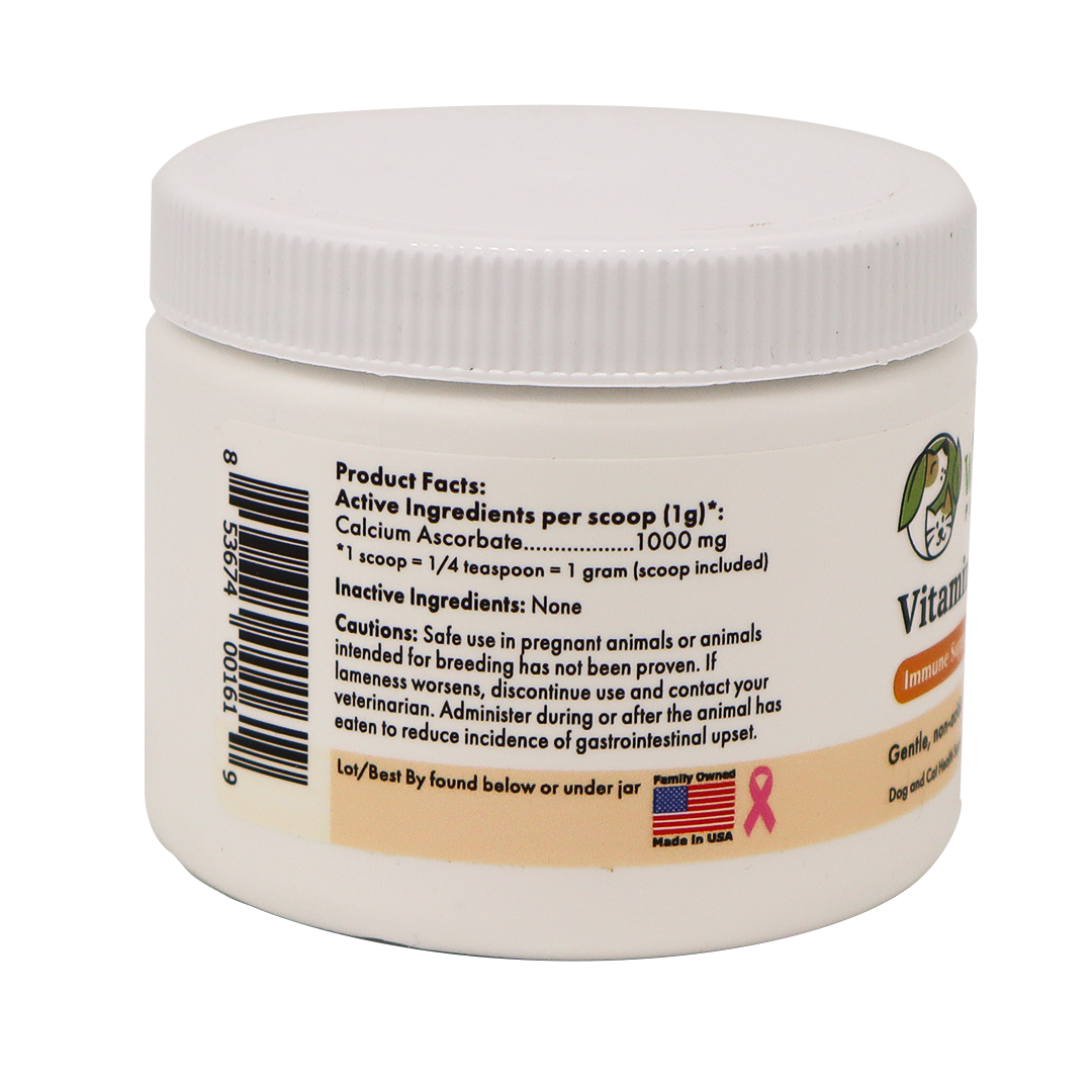 A white plastic container with a white lid, labeled "Wholistic Organics | Immune Boost - Ester-C," shows product facts, ingredients for immune support, cautions, directions, and symbols like a barcode, American flag, and pink ribbon.