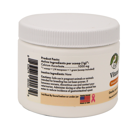 A white plastic container with a white lid, labeled "Wholistic Organics | Immune Boost - Ester-C," shows product facts, ingredients for immune support, cautions, directions, and symbols like a barcode, American flag, and pink ribbon.