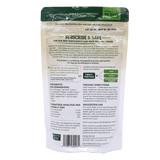 The back of a Gussy’s Gut | Fiber & Fortifier for Dogs - 10oz package displaying feeding directions, ingredients, guaranteed analysis, and subscription savings details. Specially formulated as a whole-food fiber supplement to support dog gut health and overall well-being, the package features a white background with green and black text.