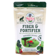 A beige 10oz bag of Gussy’s Gut | Fiber & Fortifier for Dogs features illustrations of a cat, dog, tractor, vegetables, and a farm scene. The packaging highlights its whole-food fiber blend and describes its benefits as a natural fiber supplement supporting optimal gut health in dogs.