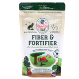 A beige 10oz bag of Gussy’s Gut | Fiber & Fortifier for Dogs features illustrations of a cat, dog, tractor, vegetables, and a farm scene. The packaging highlights its whole-food fiber blend and describes its benefits as a natural fiber supplement supporting optimal gut health in dogs.