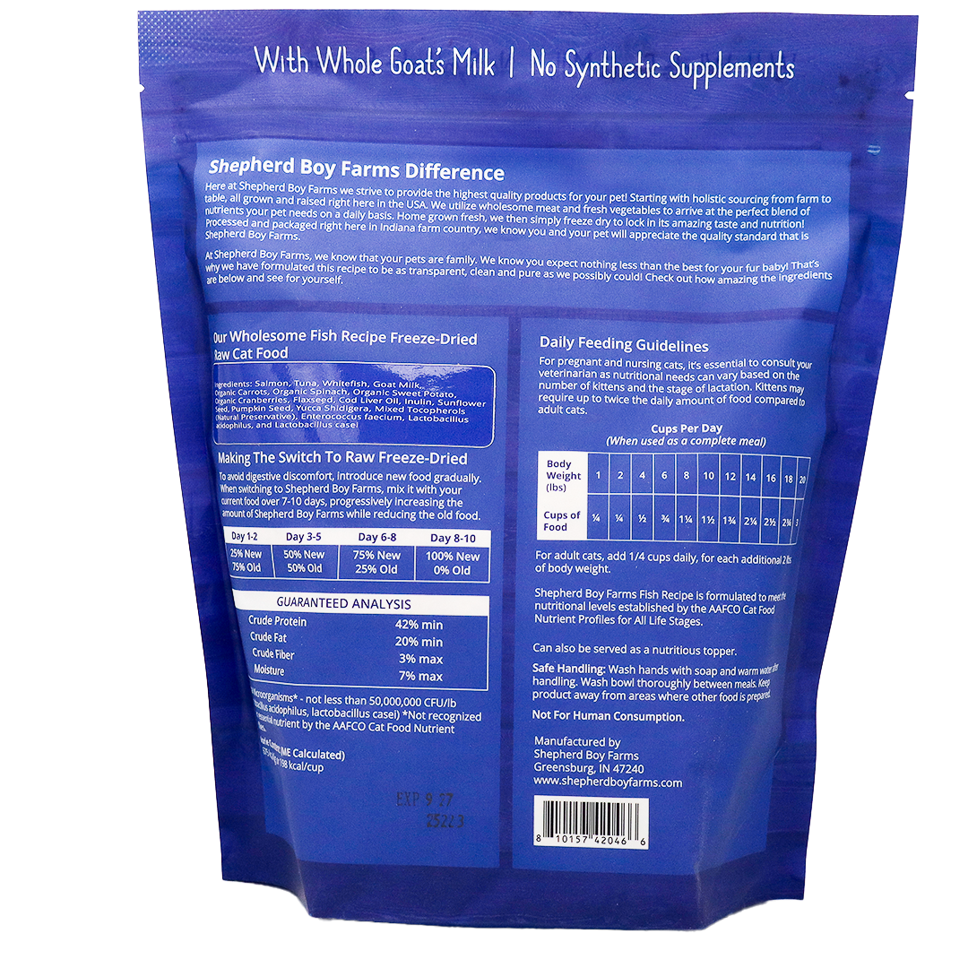 Blue bag of Shepherd Boy Farms | Fish Recipe for Cats - 14oz freeze-dried raw cat food with white text on the back displaying product information, feeding guidelines, guaranteed analysis, ingredients, and manufacturer details. This premium freeze-dried cat food is grain free and delivers high-quality nutrition for your feline companion.