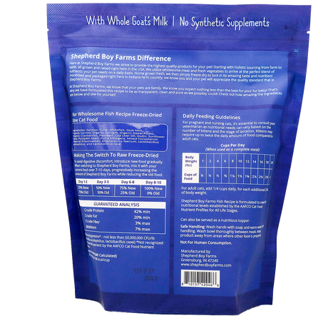 Blue bag of Shepherd Boy Farms | Fish Recipe for Cats - 14oz freeze-dried raw cat food with white text on the back displaying product information, feeding guidelines, guaranteed analysis, ingredients, and manufacturer details. This premium freeze-dried cat food is grain free and delivers high-quality nutrition for your feline companion.