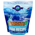 A blue and white 14oz bag of Shepherd Boy Farms | Fish Recipe for Cats displays mountains, trees, a cat illustration, and the product visible through a window. This grain-free cat food is made with goat’s milk and contains no synthetic supplements.