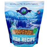 A blue and white 14oz bag of Shepherd Boy Farms | Fish Recipe for Cats displays mountains, trees, a cat illustration, and the product visible through a window. This grain-free cat food is made with goat’s milk and contains no synthetic supplements.