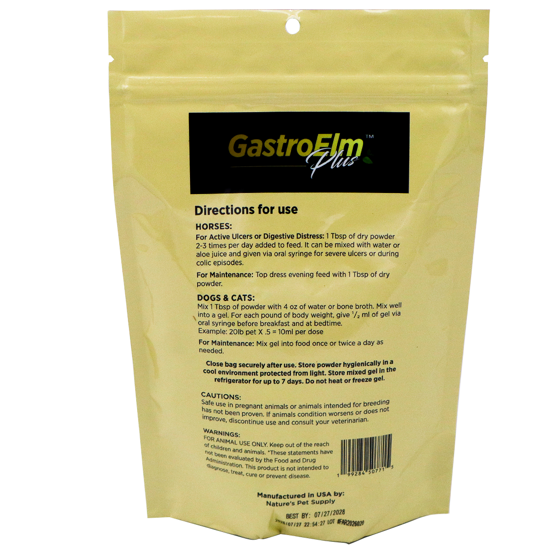 A yellow bag labeled GastroElm Plus Digestive Support, designed to provide sensitive stomach relief for pets, includes directions for use with horses, dogs, and cats. The back of the bag offers dosage instructions, cautions, warnings, and manufacturing details. Formulated with Slippery Elm Bark Powder, this product helps support digestive health in your animals.