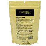 A yellow bag labeled GastroElm Plus Digestive Support, designed to provide sensitive stomach relief for pets, includes directions for use with horses, dogs, and cats. The back of the bag offers dosage instructions, cautions, warnings, and manufacturing details. Formulated with Slippery Elm Bark Powder, this product helps support digestive health in your animals.