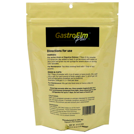 A yellow bag labeled GastroElm Plus Digestive Support, designed to provide sensitive stomach relief for pets, includes directions for use with horses, dogs, and cats. The back of the bag offers dosage instructions, cautions, warnings, and manufacturing details. Formulated with Slippery Elm Bark Powder, this product helps support digestive health in your animals.