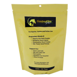 A yellow pouch labeled GastroElm Plus Digestive Support for horses, dogs, and cats, featuring ingredients such as Slippery Elm Bark Powder and dandelion root, designed to help with sensitive stomach relief for pets—including support for ulcers, IBS, pancreatitis, and more.