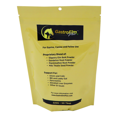 A yellow pouch labeled GastroElm Plus Digestive Support for horses, dogs, and cats, featuring ingredients such as Slippery Elm Bark Powder and dandelion root, designed to help with sensitive stomach relief for pets—including support for ulcers, IBS, pancreatitis, and more.