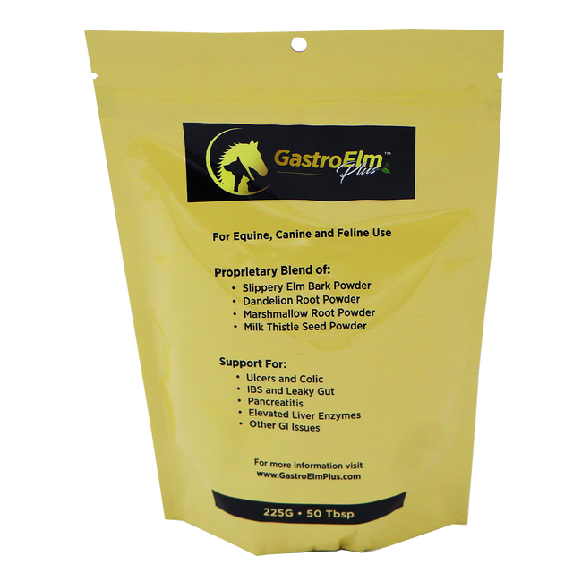 A yellow pouch labeled GastroElm Plus Digestive Support for horses, dogs, and cats, featuring ingredients such as Slippery Elm Bark Powder and dandelion root, designed to help with sensitive stomach relief for pets—including support for ulcers, IBS, pancreatitis, and more.