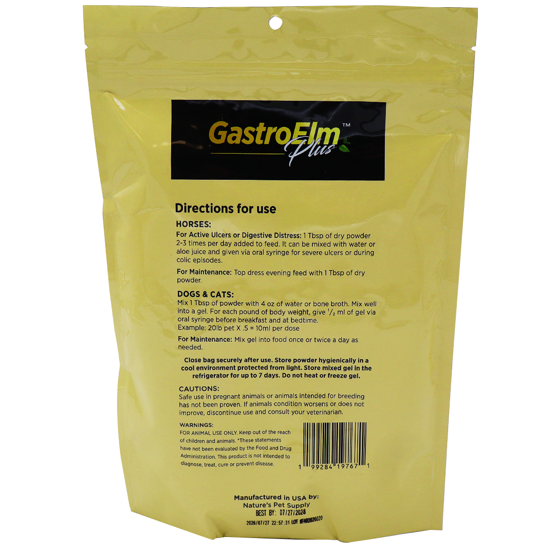 Back of a yellow GastroElm Plus Digestive Support bag displaying directions for use for horses, dogs, and cats, along with precautionary information, warnings, manufacturer details, and a barcode at the bottom right. The label highlights GastroElm Plus Digestive Support with Slippery Elm Bark Powder as a gentle formula designed to provide sensitive stomach relief for pets.