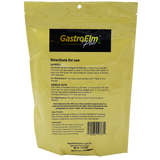 Back of a yellow GastroElm Plus Digestive Support bag displaying directions for use for horses, dogs, and cats, along with precautionary information, warnings, manufacturer details, and a barcode at the bottom right. The label highlights GastroElm Plus Digestive Support with Slippery Elm Bark Powder as a gentle formula designed to provide sensitive stomach relief for pets.
