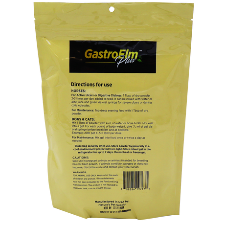Back of a yellow GastroElm Plus Digestive Support bag displaying directions for use for horses, dogs, and cats, along with precautionary information, warnings, manufacturer details, and a barcode at the bottom right. The label highlights GastroElm Plus Digestive Support with Slippery Elm Bark Powder as a gentle formula designed to provide sensitive stomach relief for pets.