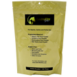A yellow bag labeled GastroElm Plus Digestive Support for equine, canine, and feline use, listing ingredients like Slippery Elm Bark Powder and providing sensitive stomach relief for pets with digestive issues. The package contains 405g of powder, equivalent to 90 tablespoons.