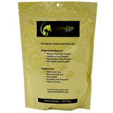 A yellow bag labeled GastroElm Plus Digestive Support for equine, canine, and feline use, listing ingredients like Slippery Elm Bark Powder and providing sensitive stomach relief for pets with digestive issues. The package contains 405g of powder, equivalent to 90 tablespoons.