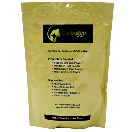 A yellow bag labeled GastroElm Plus Digestive Support for equine, canine, and feline use, listing ingredients like Slippery Elm Bark Powder and providing sensitive stomach relief for pets with digestive issues. The package contains 405g of powder, equivalent to 90 tablespoons.