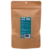 A brown resealable pouch with a blue label displaying product information for Woof Creek Golden Shiner Minnows | 1.5oz Pouch for Dogs + Cats, perfect as a nutritious training reward for your pets. The ingredients and nutritional details are listed on the label.