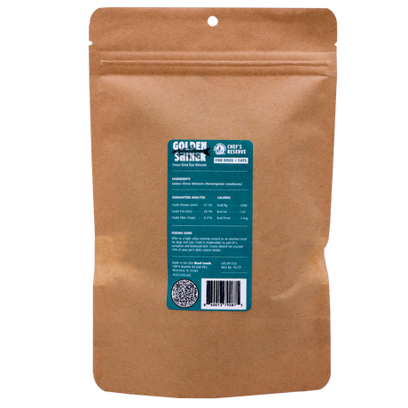 A brown resealable pouch with a blue label displaying product information for Woof Creek Golden Shiner Minnows | 1.5oz Pouch for Dogs + Cats, perfect as a nutritious training reward for your pets. The ingredients and nutritional details are listed on the label.