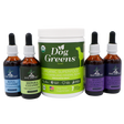 Five Leaf Botanicals | Canine Kidney Health Program featuring a large tub of organic supplement powder flanked by two bottles of Rena-Cleanse and Hepara-Cleanse on the left and two bottles of Blood Cleansing Formula on the right.