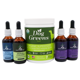 Five Leaf Botanicals | Canine Kidney Health Program featuring a large tub of organic supplement powder flanked by two bottles of Rena-Cleanse and Hepara-Cleanse on the left and two bottles of Blood Cleansing Formula on the right.